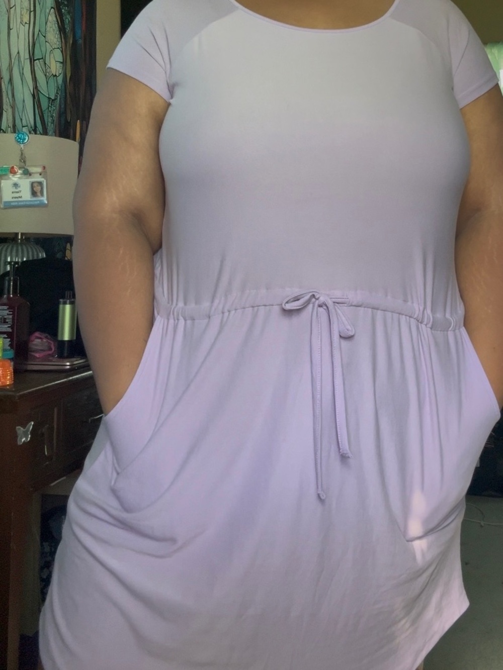Lavender Short Sleeve Drawstring Waist Dress with Pockets